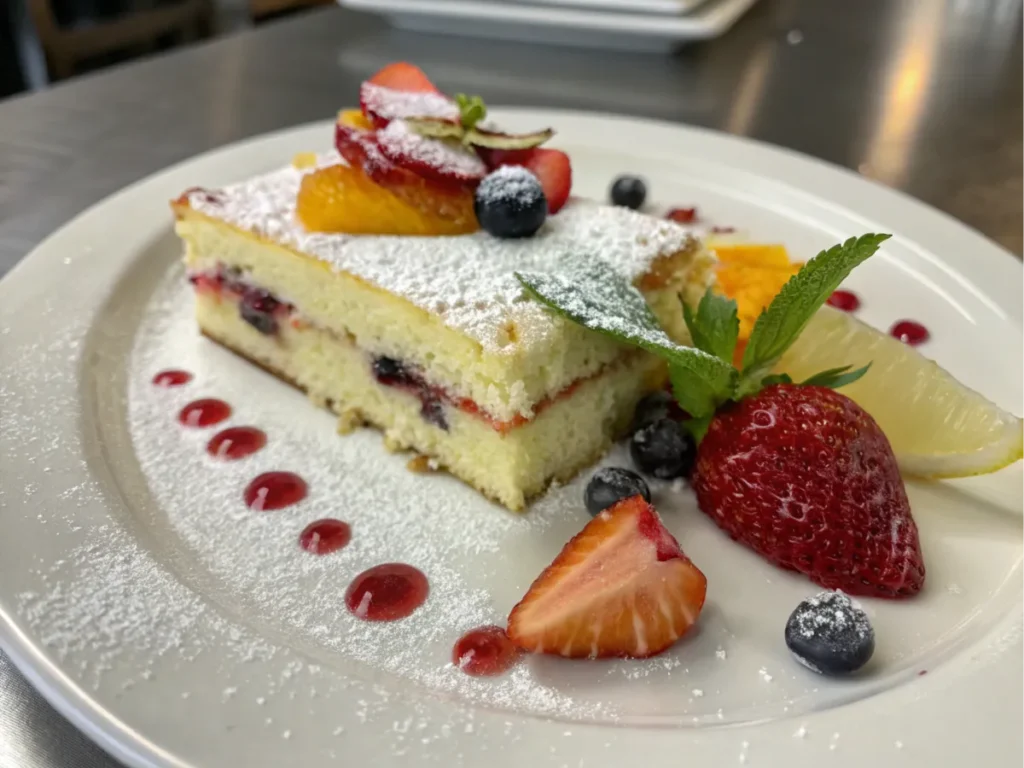 A dessert slice on a plate with fruit garnish.