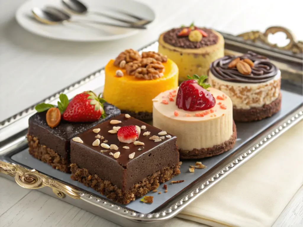 Various dessert loaf options displayed on a tray.