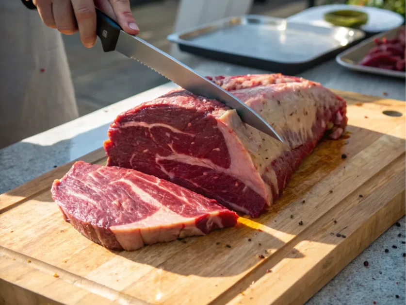 A raw brisket being trimmed on a butcher’s block.