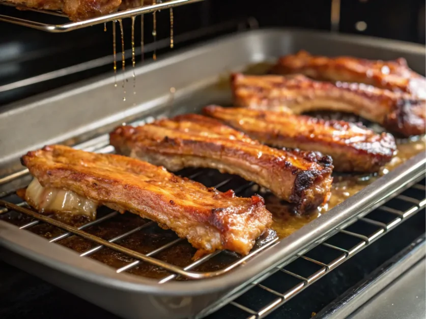 Turkey ribs baking in an oven.