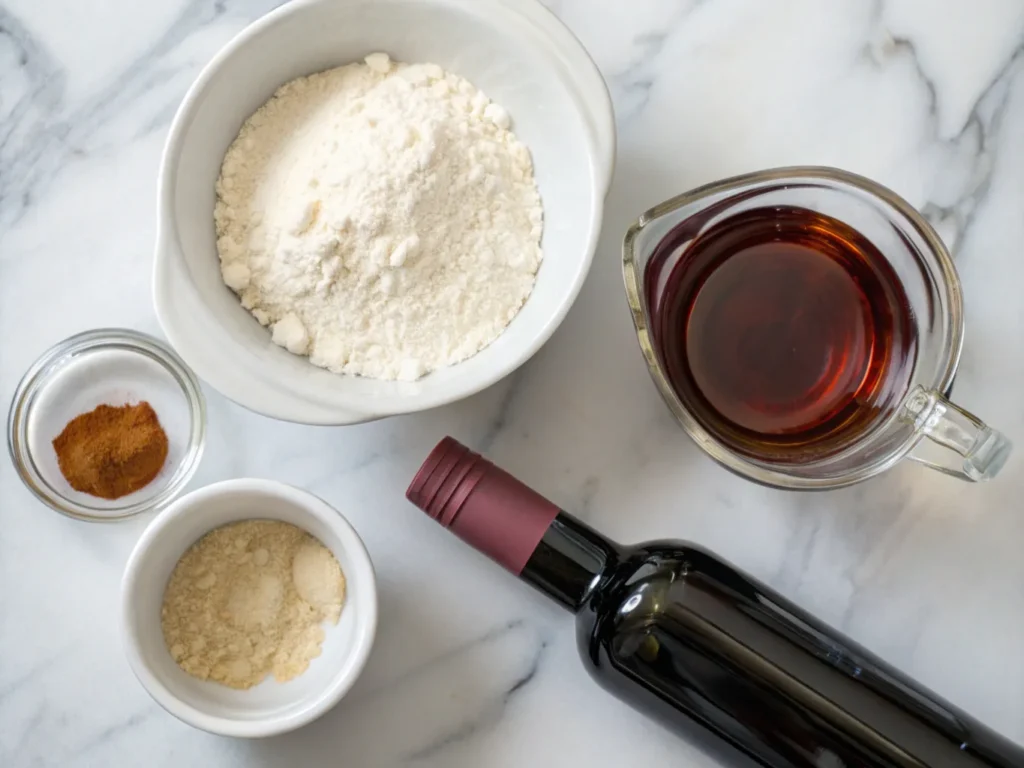 Ingredients for vanilla wine biscuits arranged on a marble countertop.