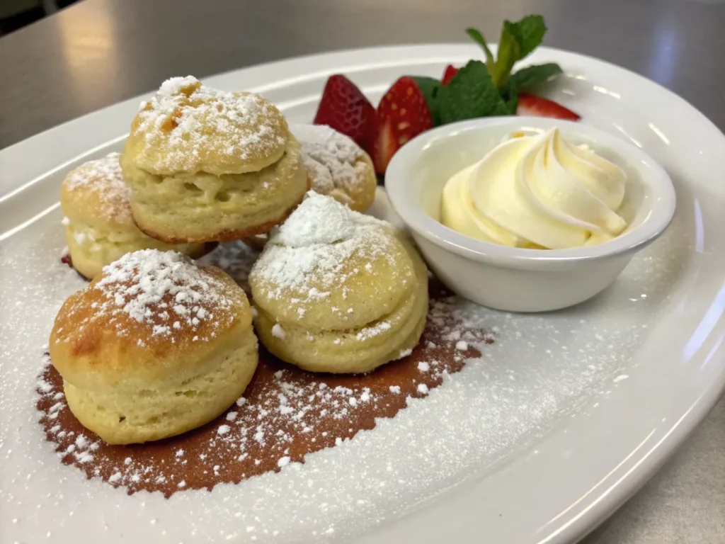 Golden biscuits served with cream and powdered sugar.