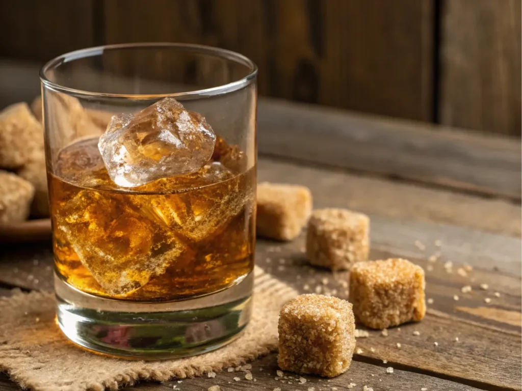 Whiskey mixed with brown sugar on a rustic wooden table.