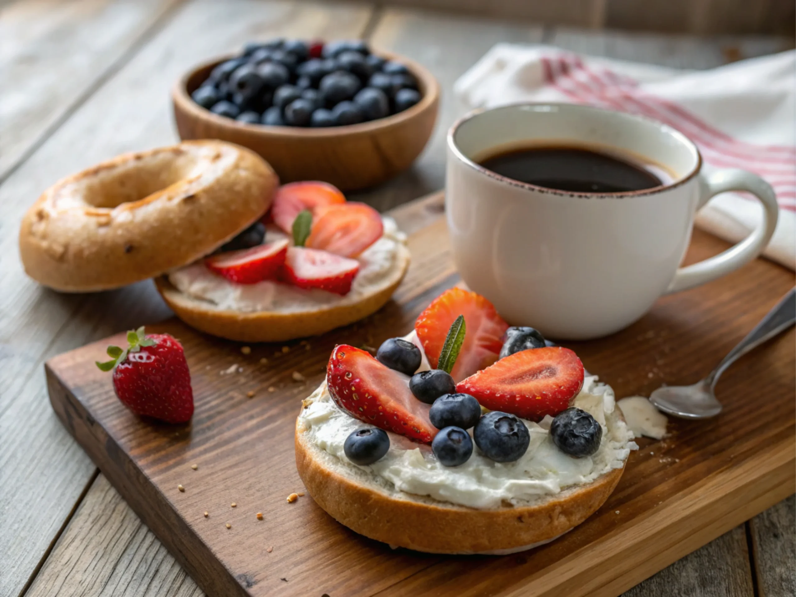 A colorful breakfast spread featuring fruits and cream cheese.