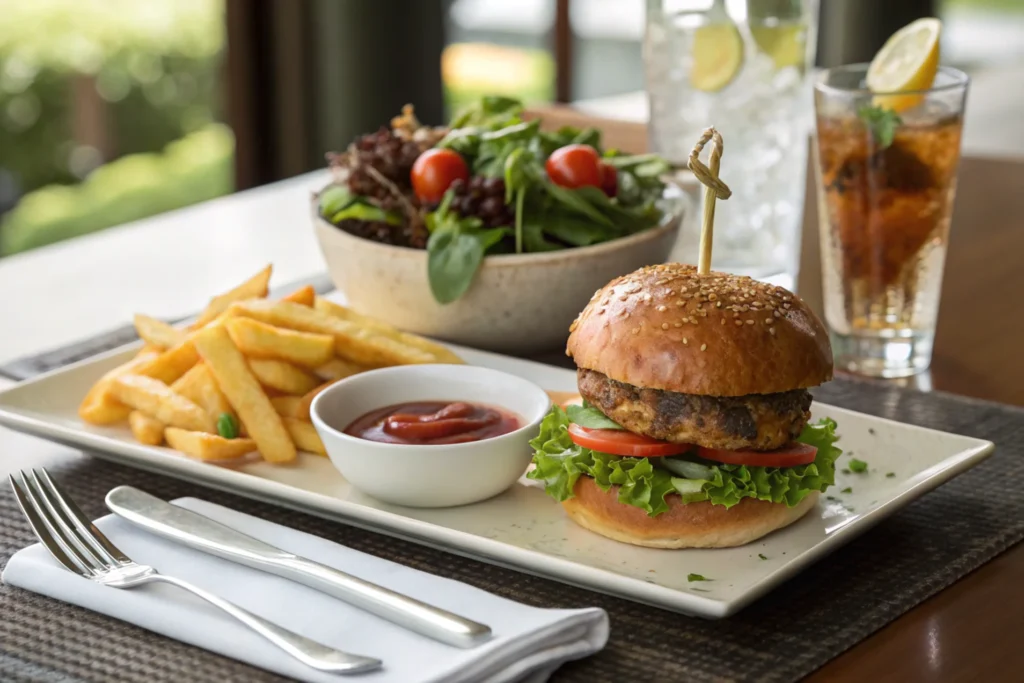 A beautifully plated sandwich served with crispy fries, a fresh salad, and a glass of iced tea on an elegantly set dining table