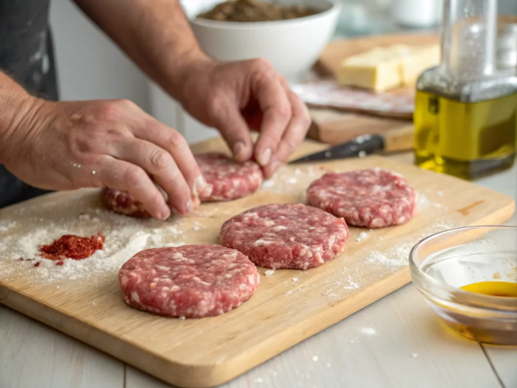 Close-up of hands shaping fresh burger  meat patties on a cutting board, surrounded by spices and a warm kitchen ambiance