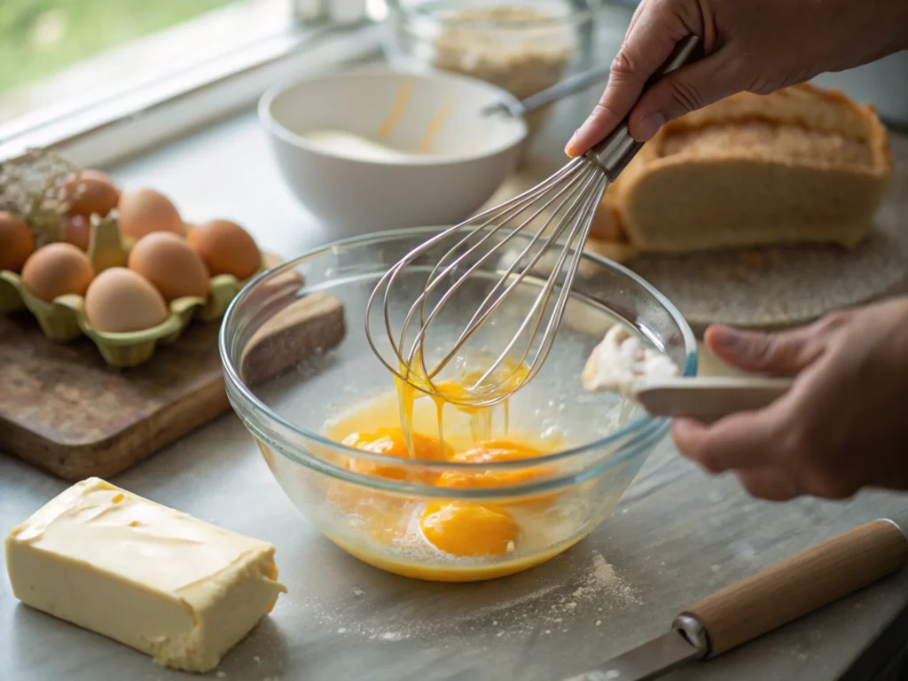 Close-up of hands whisking eggs in a glass bowl, surrounded by kitchen ingredients like bread and cheese, with soft natural lighting highlighting the motion.