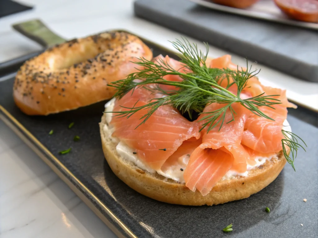 A savory dish with salmon and dill served on a cutting board.