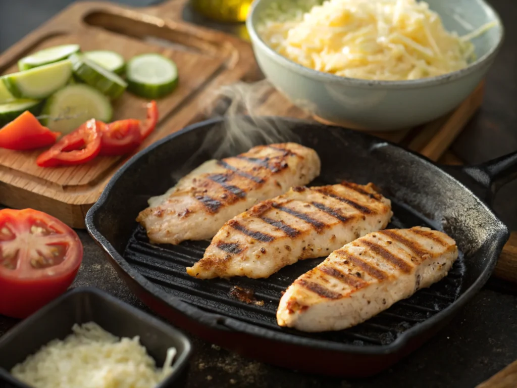 Grilling chicken for a sub in a tub at Jersey Mike's, surrounded by fresh vegetables and toppings. What is the healthiest sub in a tub at Jersey Mike's