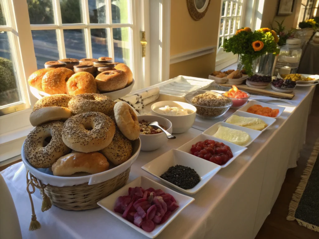 A brunch table filled with bagels, spreads, and toppings.