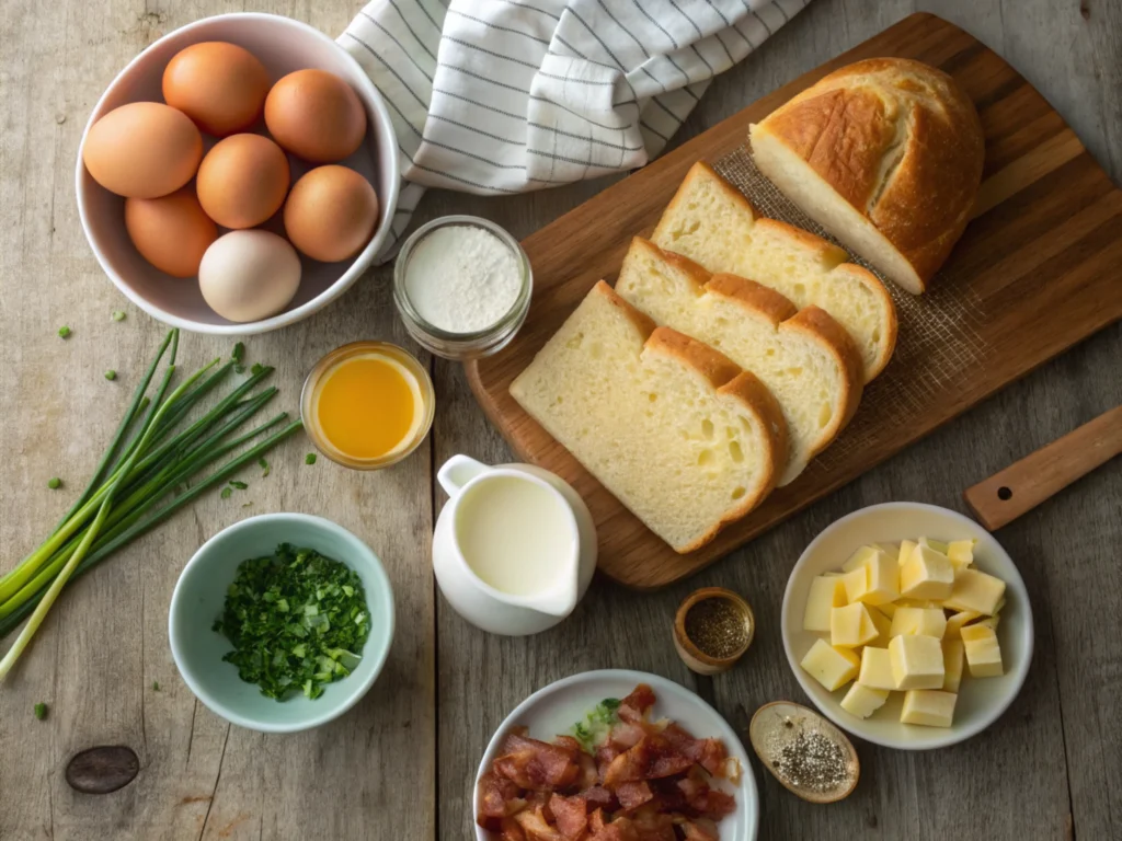 Flat-lay of fresh ingredients including bread, eggs, butter, cheese, bacon, chives, and honey mustard, arranged neatly on a rustic countertop with soft natural lighting