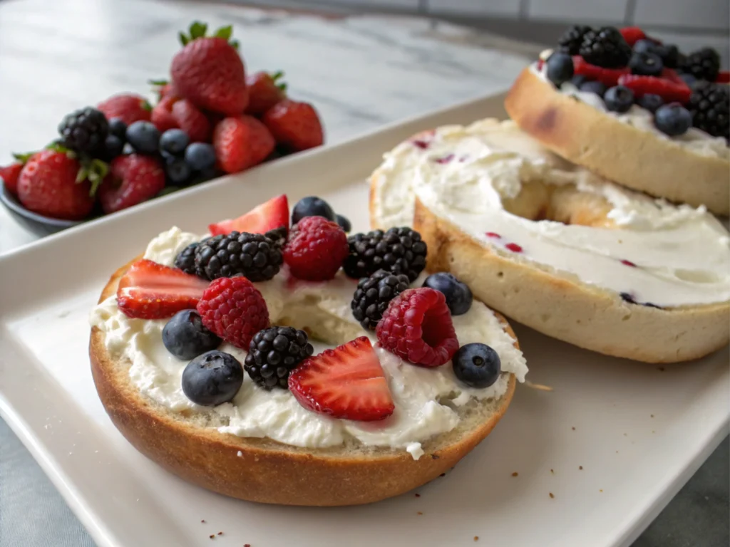 A plated bagel topped with fresh cream cheese and berries.