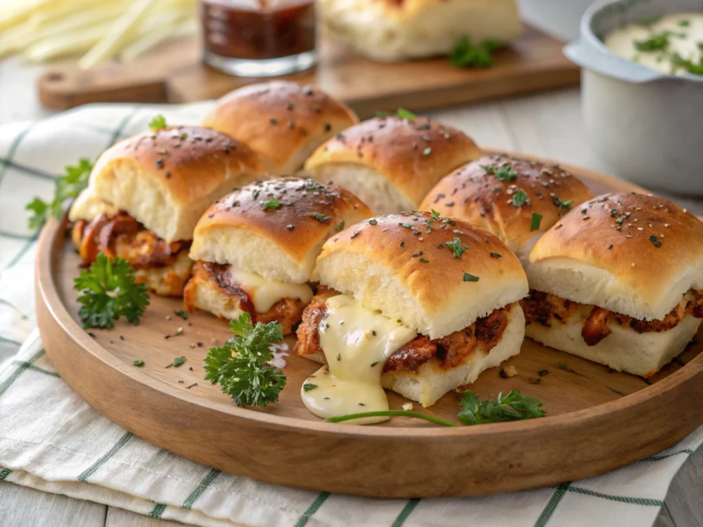 Hawaiian rolls filled with BBQ chicken, cheese, and parsley