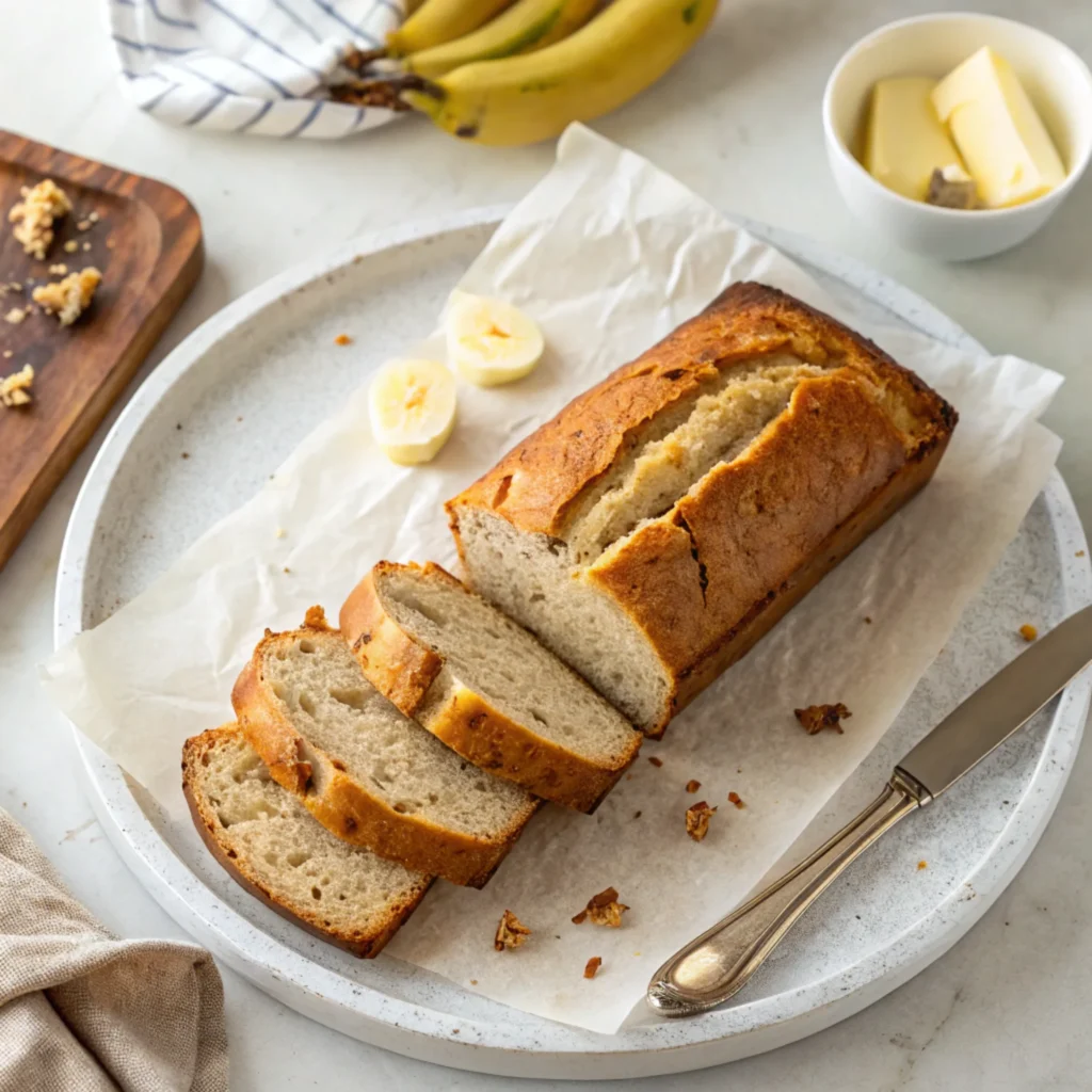 Close-up of a freshly baked loaf with a golden crust and flecks of macadamia nuts, glistening in warm lighting