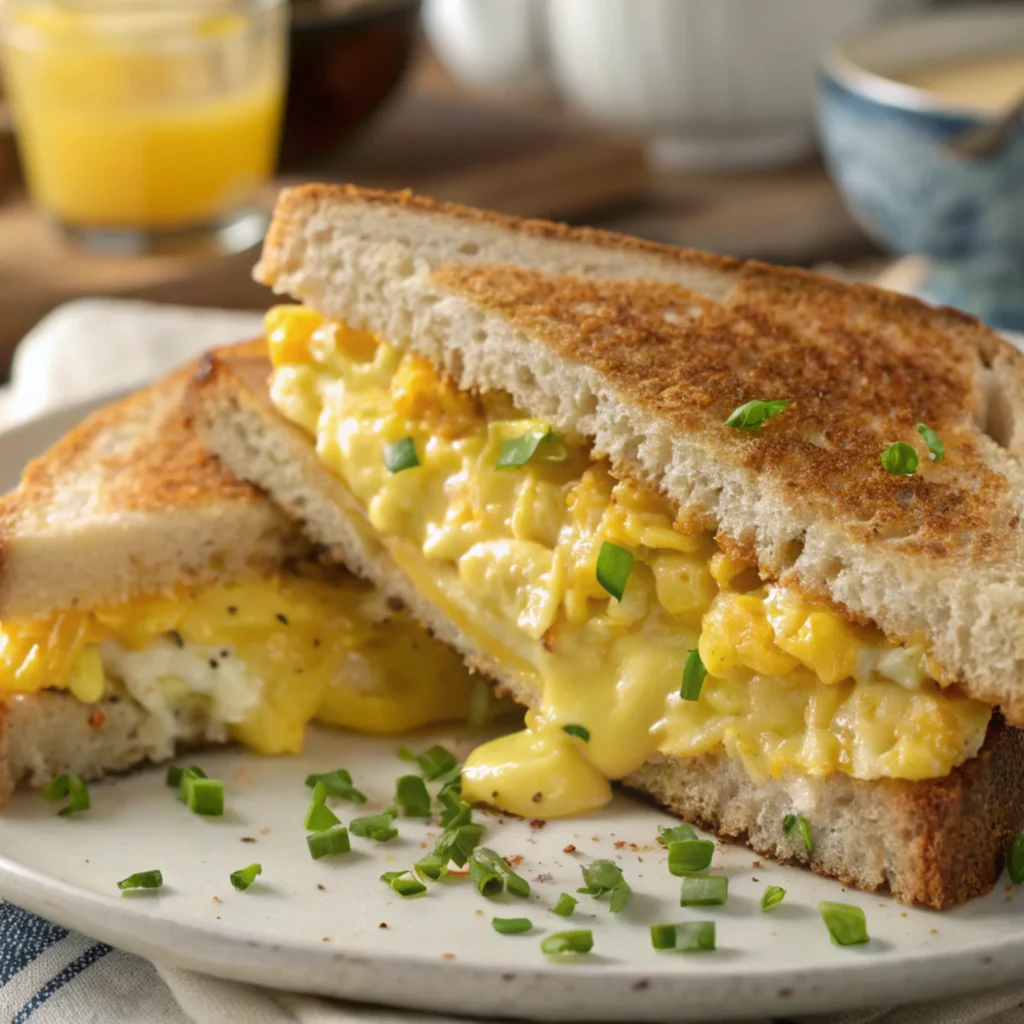 Macro shot of a freshly made sandwich showcasing golden toast, creamy eggs, melted cheese, and garnishes, with rich textures and vibrant colors.