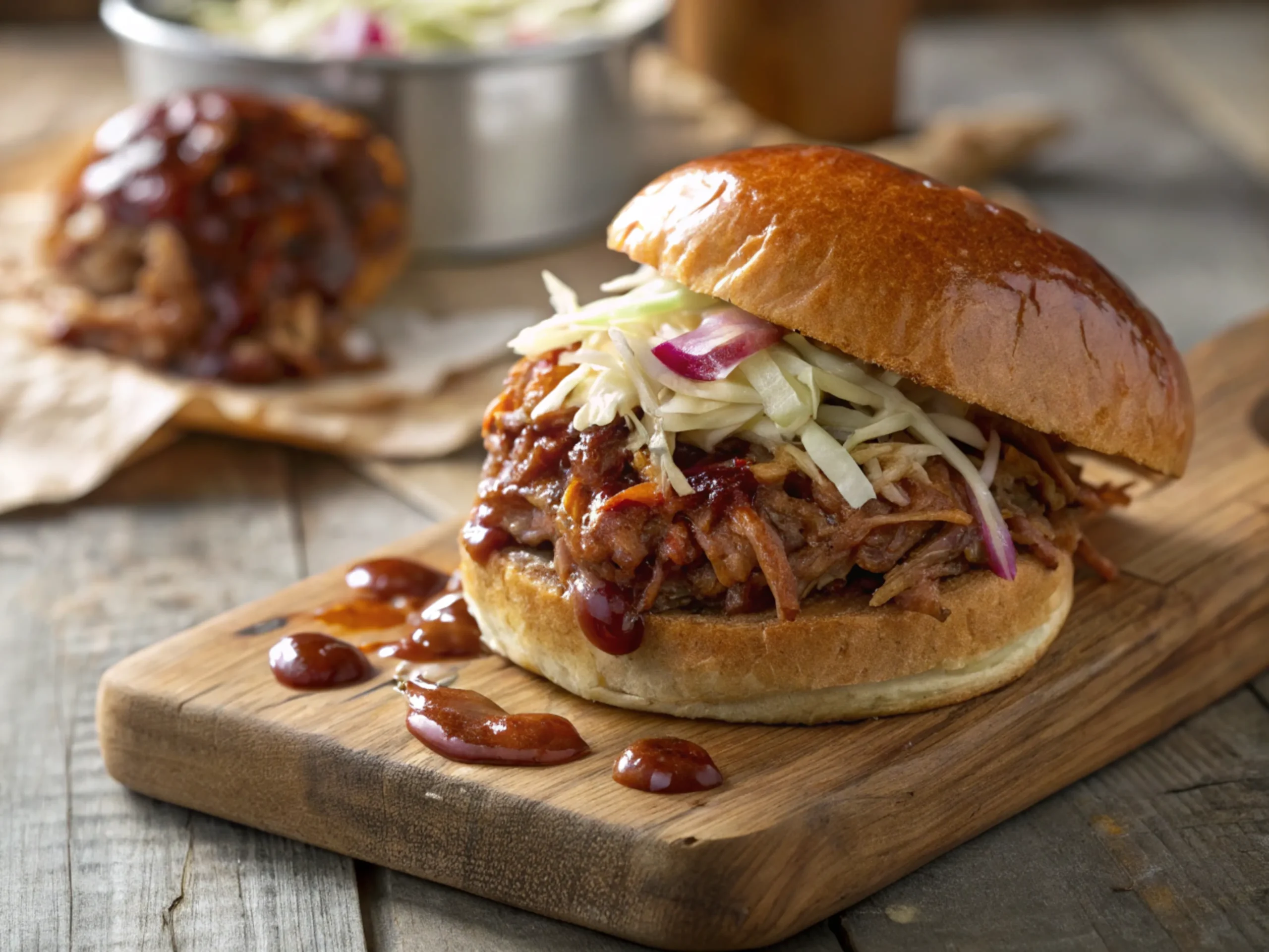 Pulled pork barbecue sandwich on a glossy brioche bun with tangy sauce and coleslaw