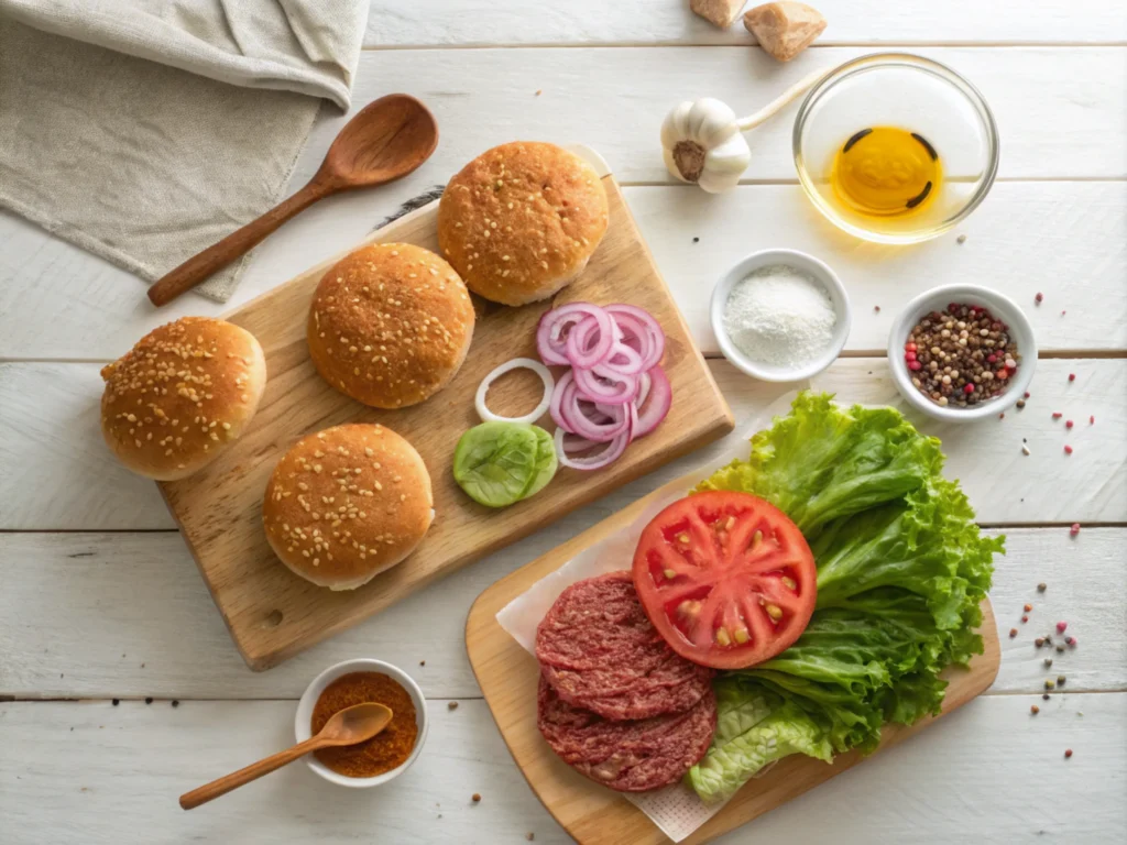 Burger ingredients: Flat-lay of fresh cooking ingredients, including meat, vegetables, spices, and buns, arranged neatly on a rustic wooden surface.