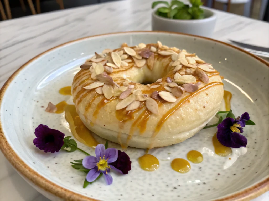 A sweet bagel garnished with honey and almonds on a plate.