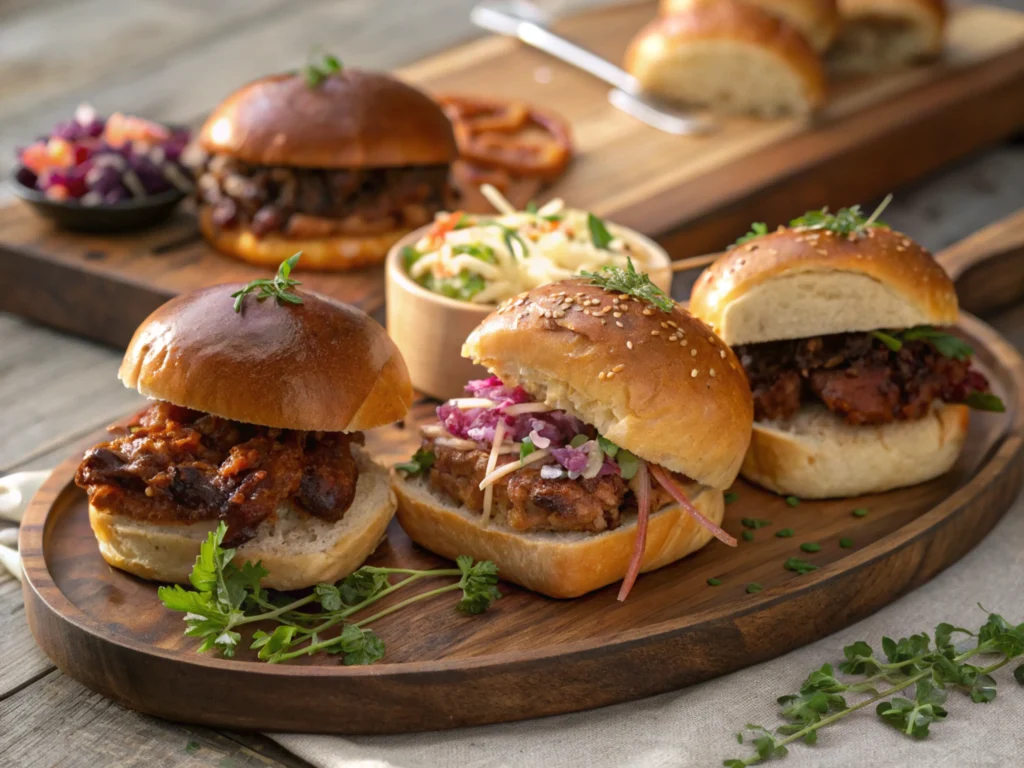 A variety of barbecue sandwiches on different buns with creative toppings