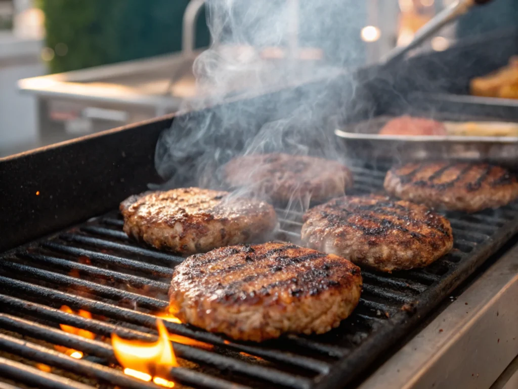 Meat patties sizzling on a grill with char marks, steam rising, and warm lighting creating a dynamic cooking scene.