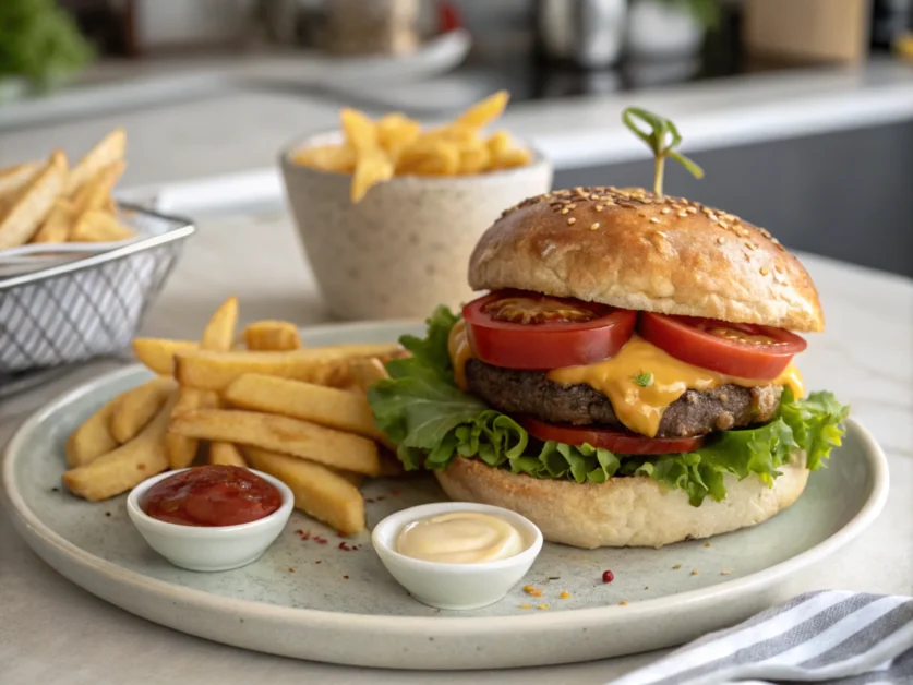 A close-up of a gourmet sandwich with fresh toppings, served on a ceramic plate alongside crispy fries and condiments in vibrant lighting.