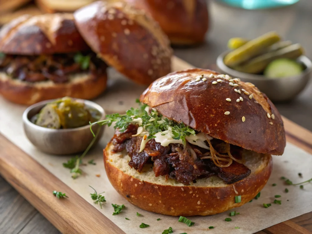 Barbecue brisket sandwich on a toasted pretzel bun with onions and sauce