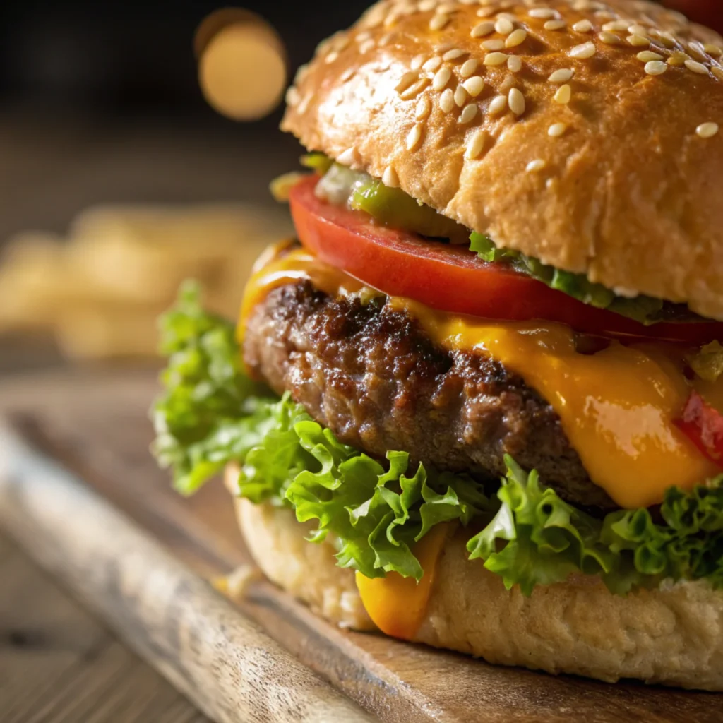 Macro shot of a layered sandwich featuring juicy meat, melted cheese, and fresh vegetables under a toasted bun