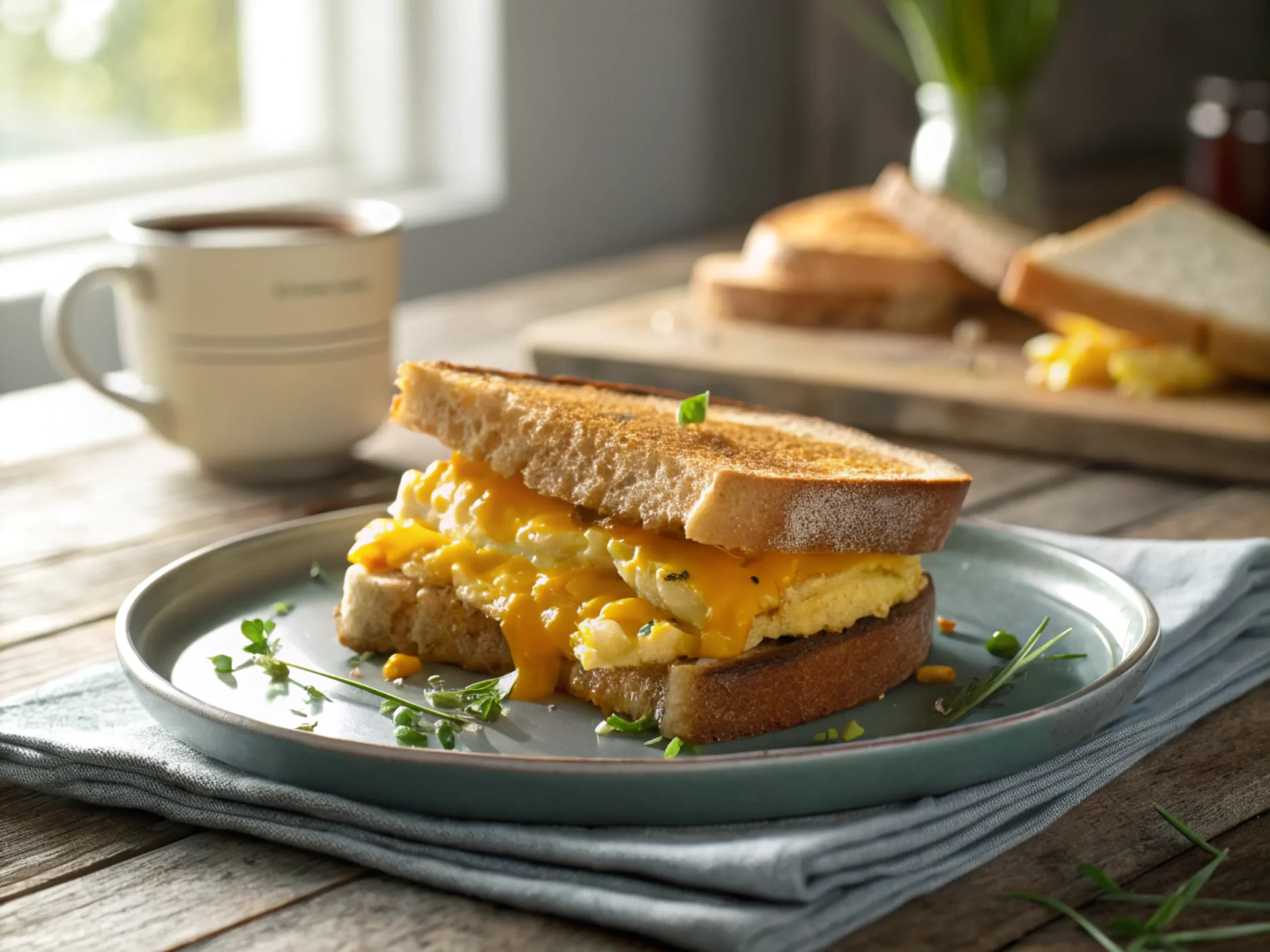 Beautifully plated sandwich with fluffy eggs, melted cheese, golden toast, and fresh garnishes, set on a modern ceramic plate with natural light and a cozy kitchen background.