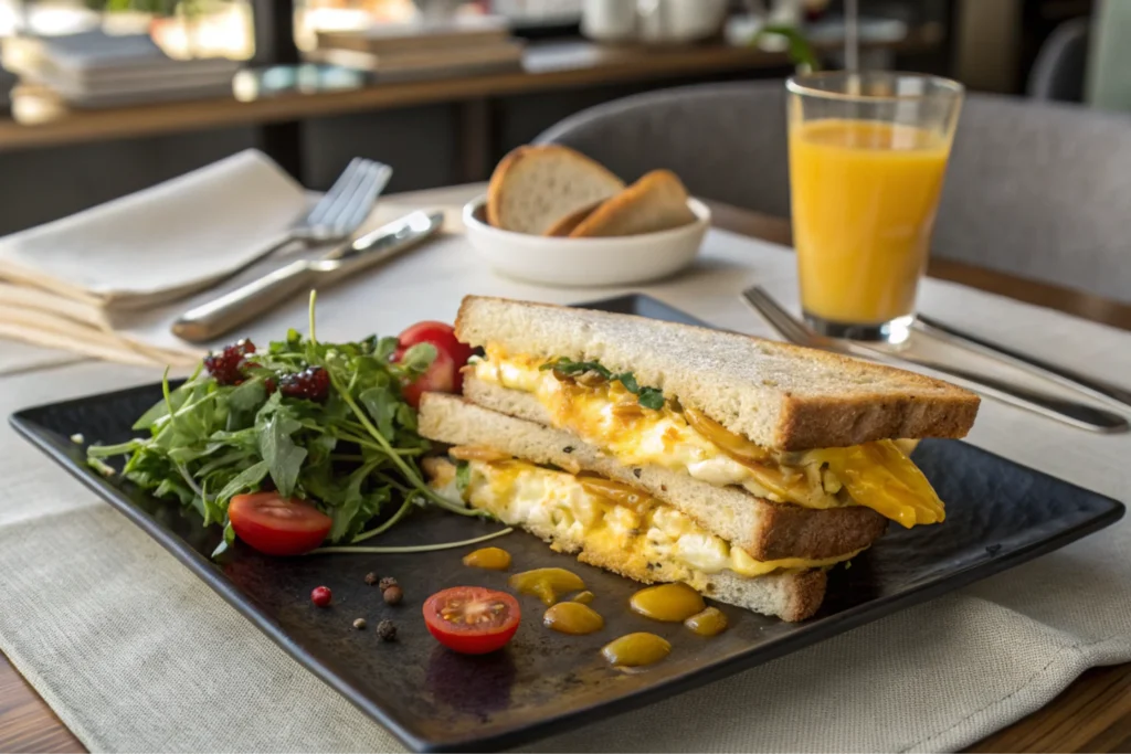 Stylishly plated sandwich served with a side salad and a glass of fresh orange juice, styled on a cozy dining table with warm natural lighting and blurred background decor