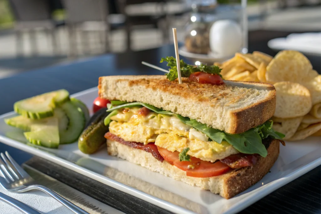 Sandwich served with garnishes and side dishes