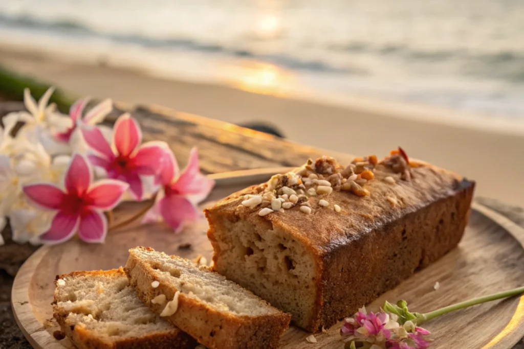 A slice of bread served with shave ice on a picnic table surrounded by greenery and waterfalls.