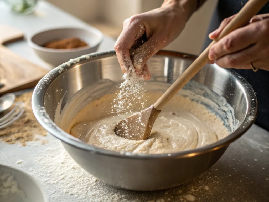 Close-up of hands mixing pancake batter, with natural kitchen lighting and flour splashes adding realistic detail.