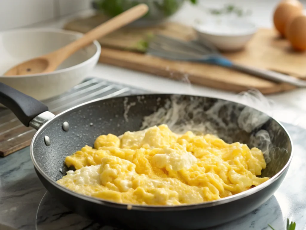 Fluffy scrambled eggs cooking in a skillet, with melted butter and gentle steam rising, surrounded by a modern kitchen setup and soft lighting.