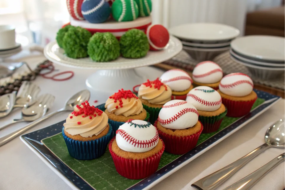 Baseball-themed cupcakes on a tray for serving