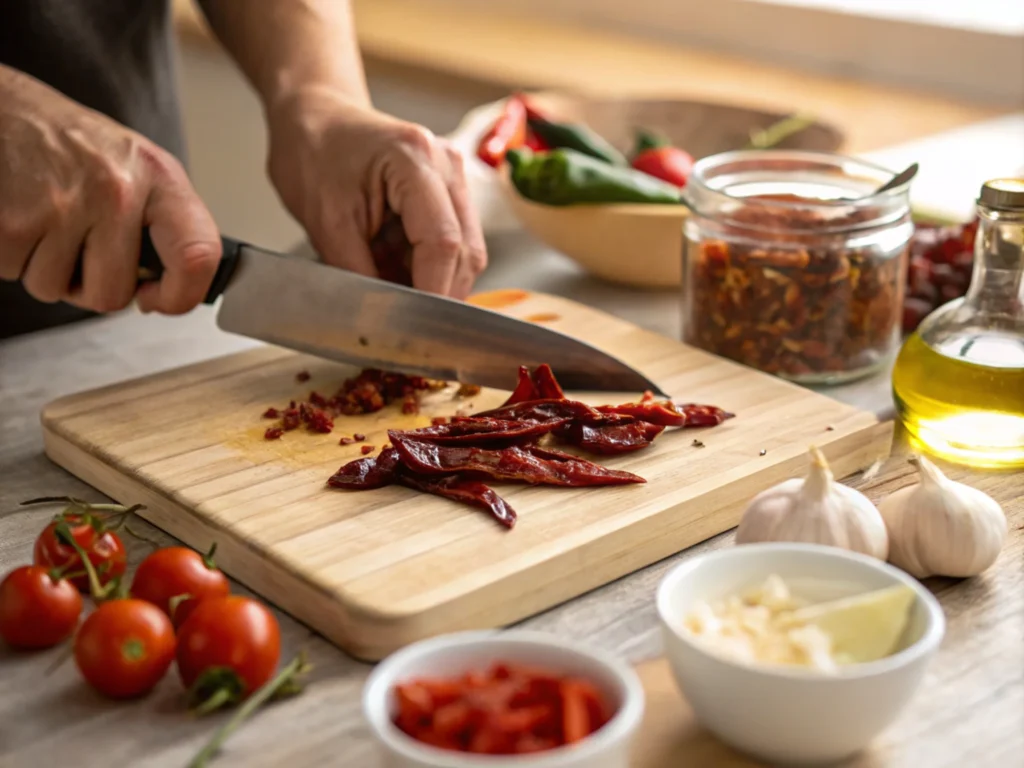 Hands slicing chilies for Mexican hot sauce on a cutting board