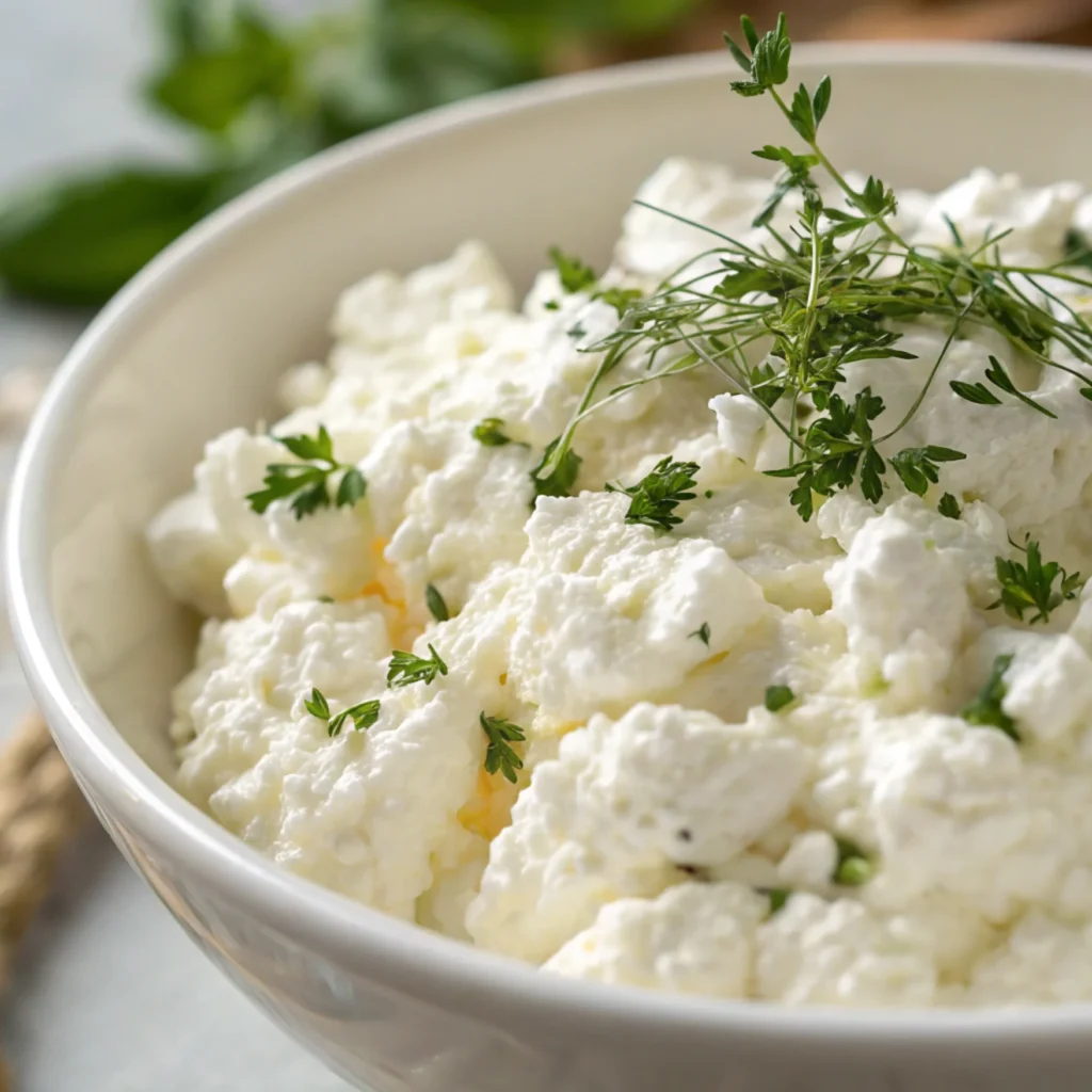 Close-up of creamy, healthy cottage cheese dessert