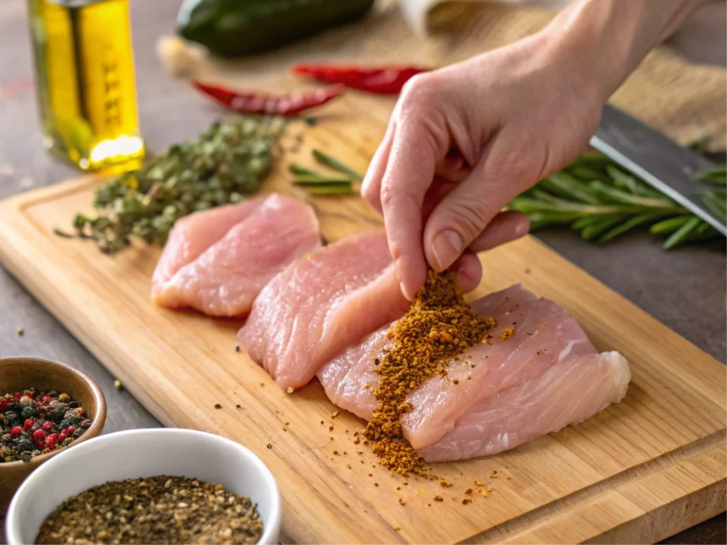 Hands applying a spice rub to meat on a cutting board.