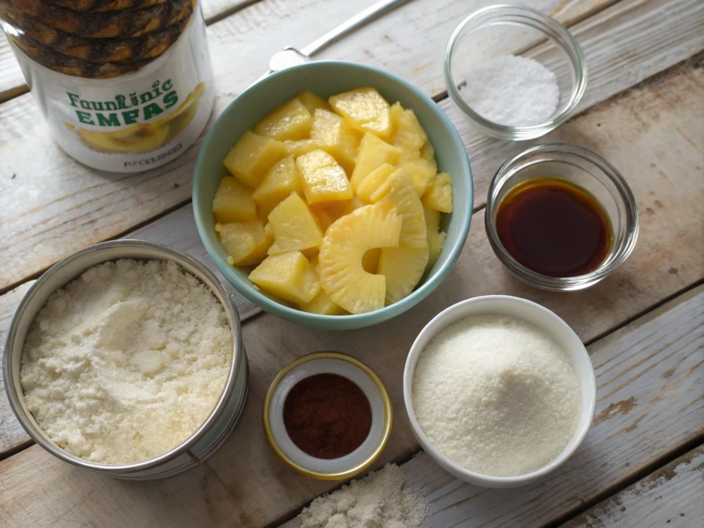 Flat-lay of neatly arranged baking ingredients on a rustic countertop