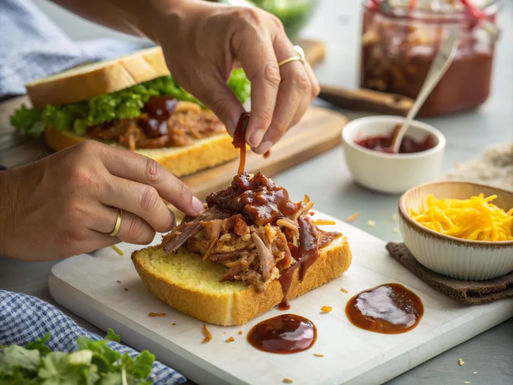 Close-up of hands layering pulled pork and drizzling BBQ sauce on freshly baked cornbread.