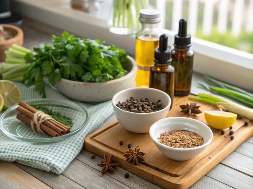 Flat-lay of fresh ingredients on a rustic countertop