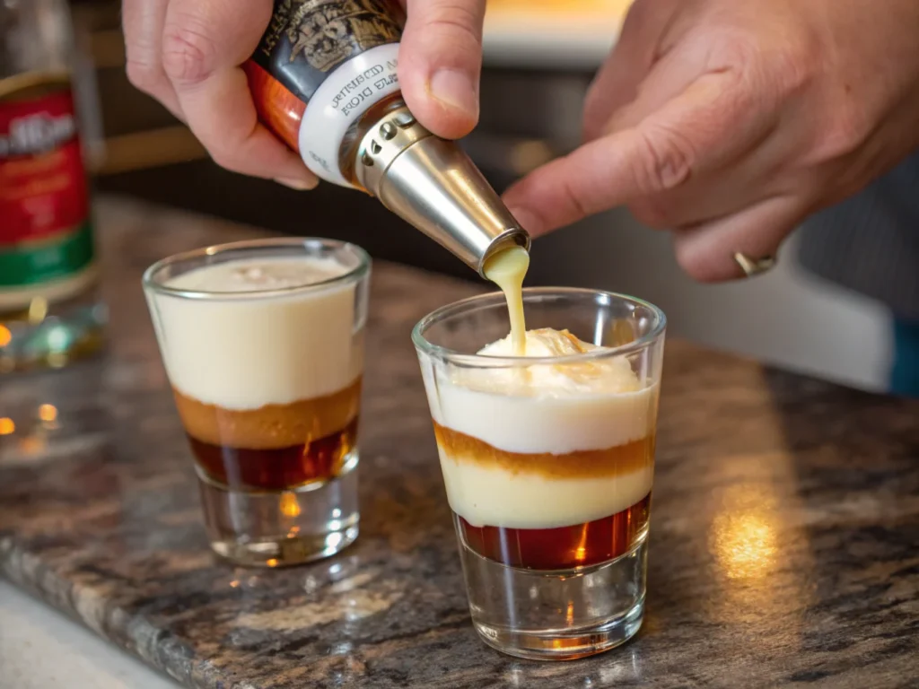 Close-up of hands layering butterscotch schnapps and Irish cream into a shot glass, showing vibrant textures and precise pouring.