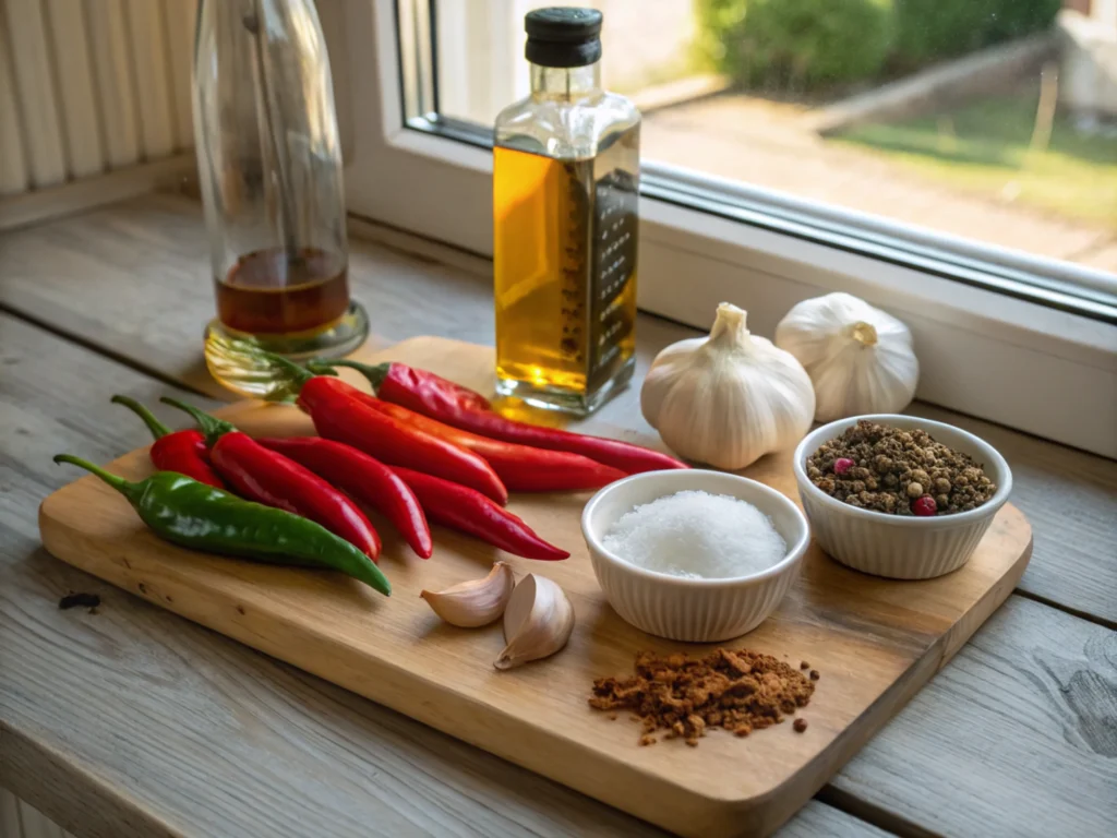 Flat-lay of fresh chili peppers, garlic, and spices