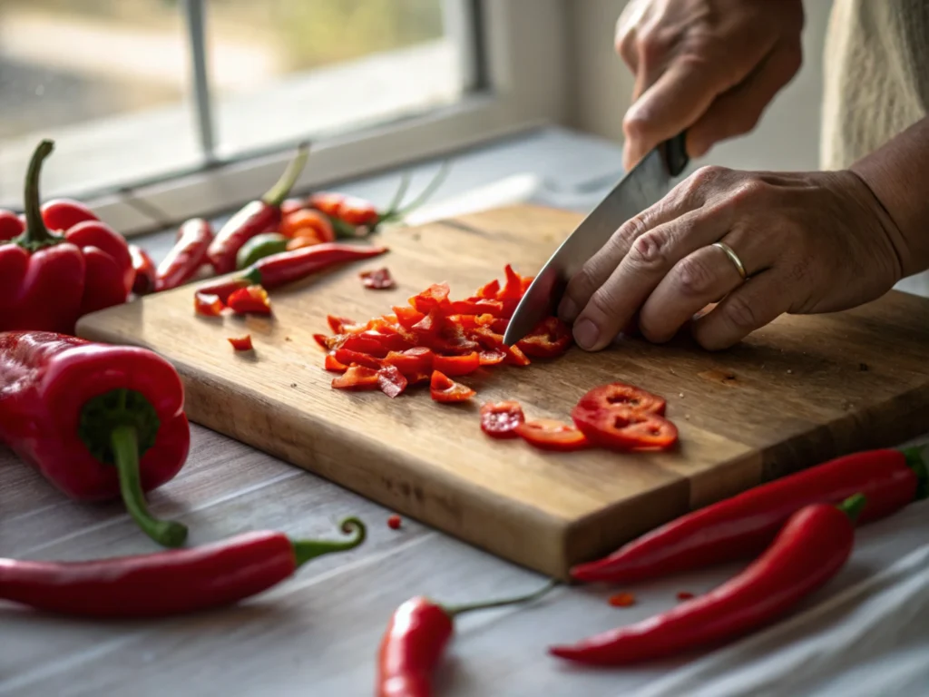 Hands chopping red chilies on a wooden board