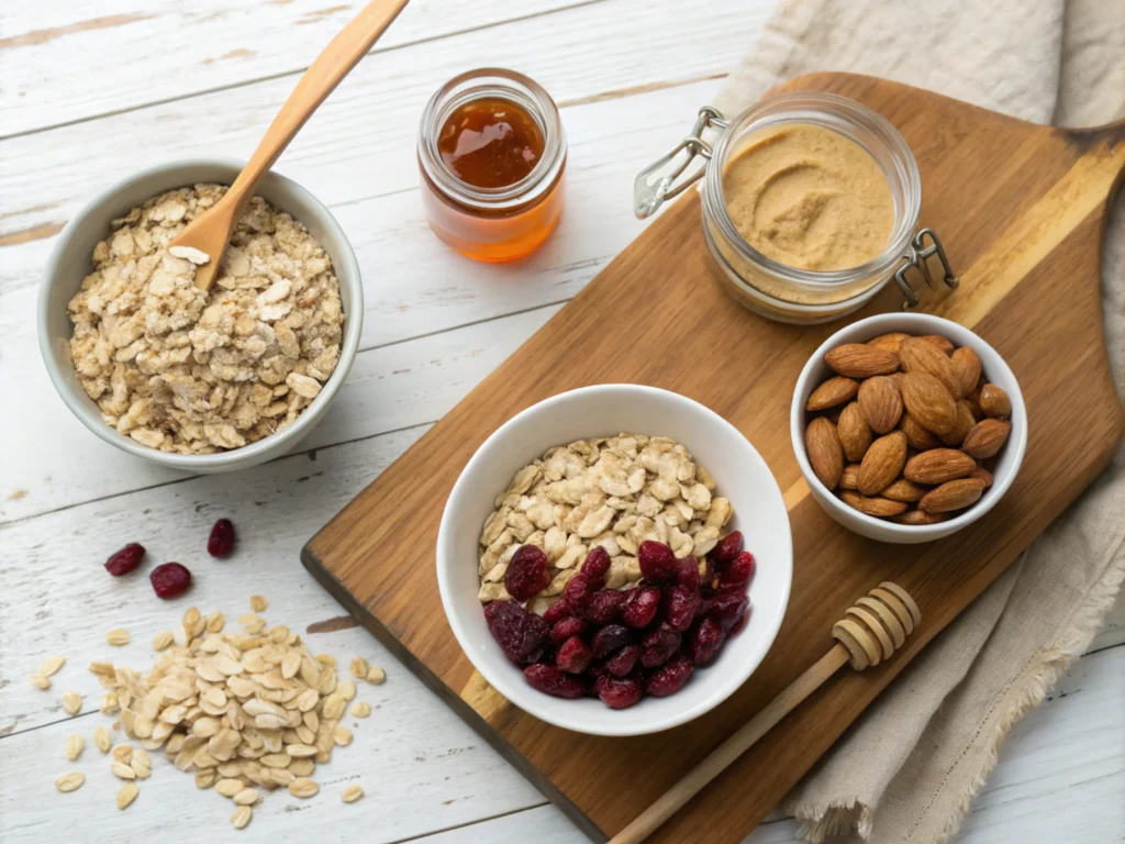 Flat-lay of oats, honey, nuts, and dried fruits on a rustic countertop