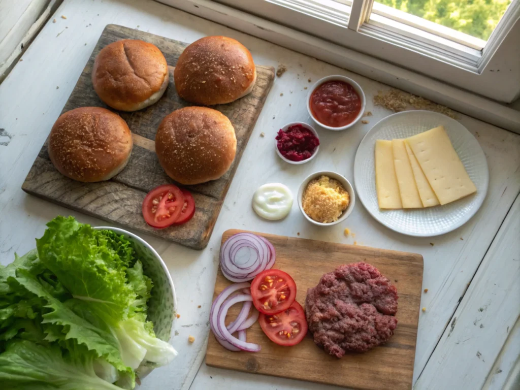 Flat-lay of fresh ingredients for burgers on a wooden countertop