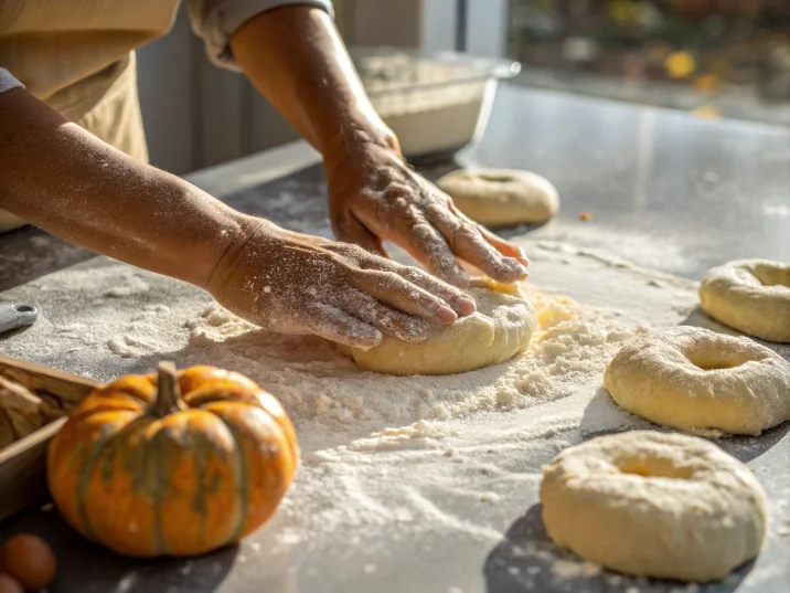 Hands kneading pumpkin bagel dough on a floured surface.