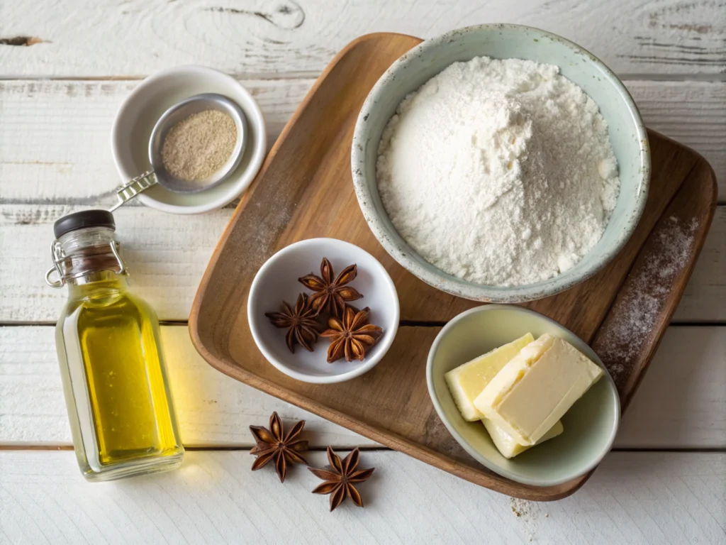 Flat-lay of fresh ingredients neatly arranged on a wooden countertop.