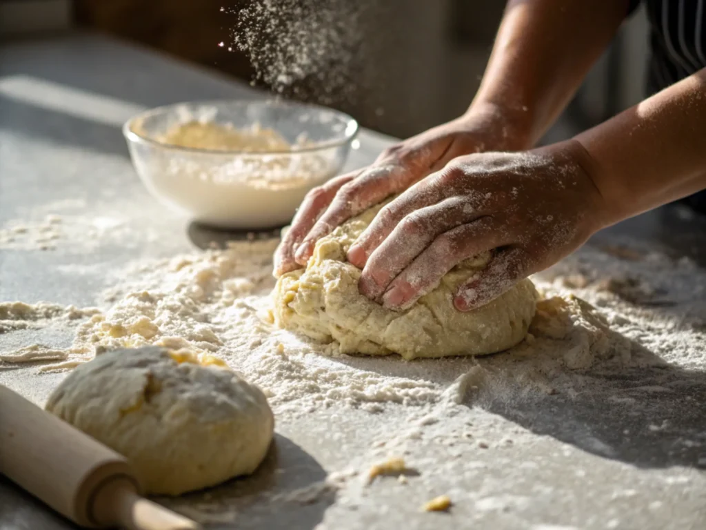 Hands kneading biscuit dough on a floured kitchen surface