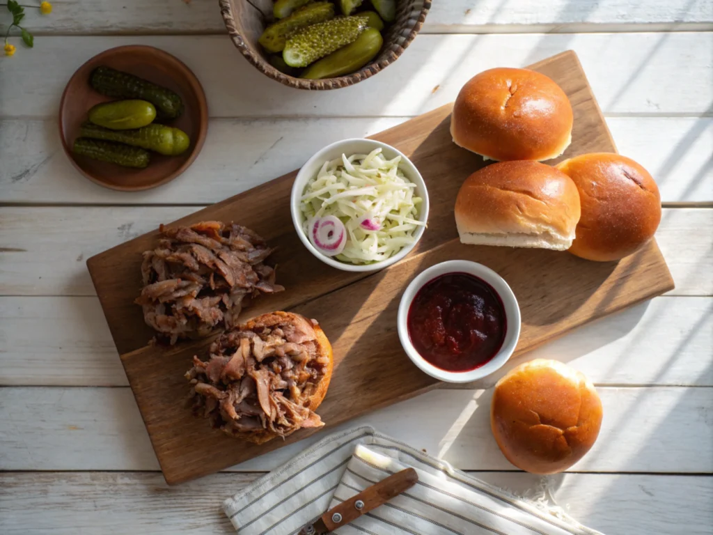 Plated sandwich with coleslaw and pickles