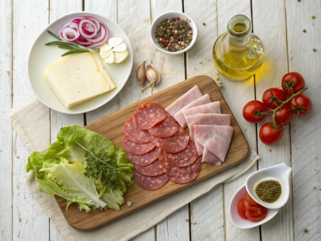 Fresh vegetables, meats, and cheese laid out on a countertop